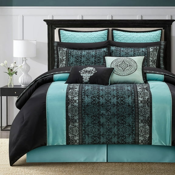Lanco Black & Teal Comforter Set King Size, Classic Jacquard Bedding Sets, Faux Silk, Premium Microfiber, 12 Pieces Bed in a Bag, Matching Fitted Sheet, Flat Sheet
