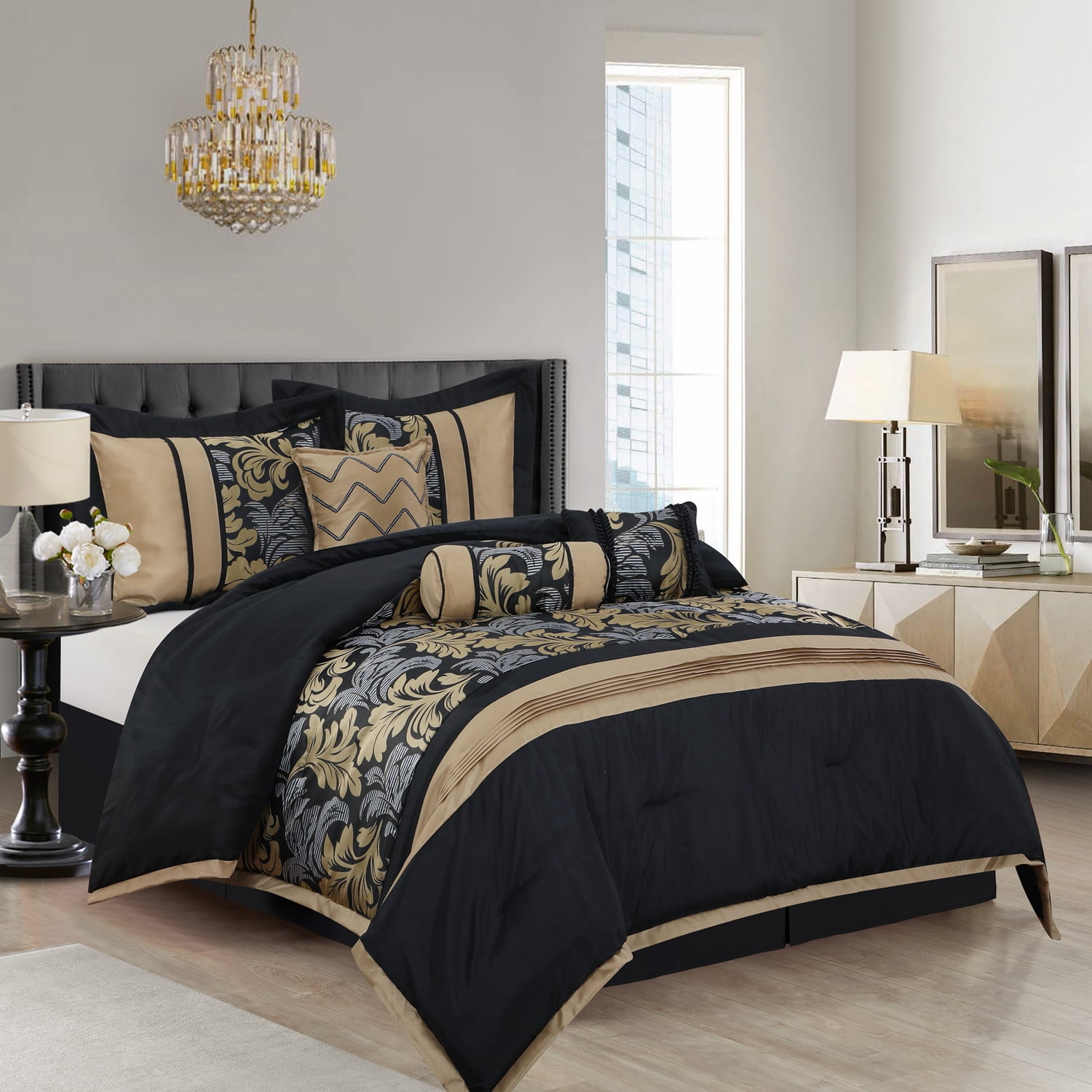 California King Black and Gold Microfiber 7-Piece Comforter Set