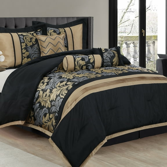 Lanco Black and Gold Comforter Set Queen Size , 7 Piece Jacquard Soft Bedding Set , All Season