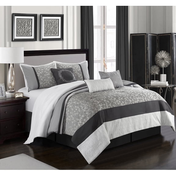 Lanco Black and Grey Comforter Set California King Size , 7 Piece Jacquard Bedding Set , Bed in Bag, Ultra-soft