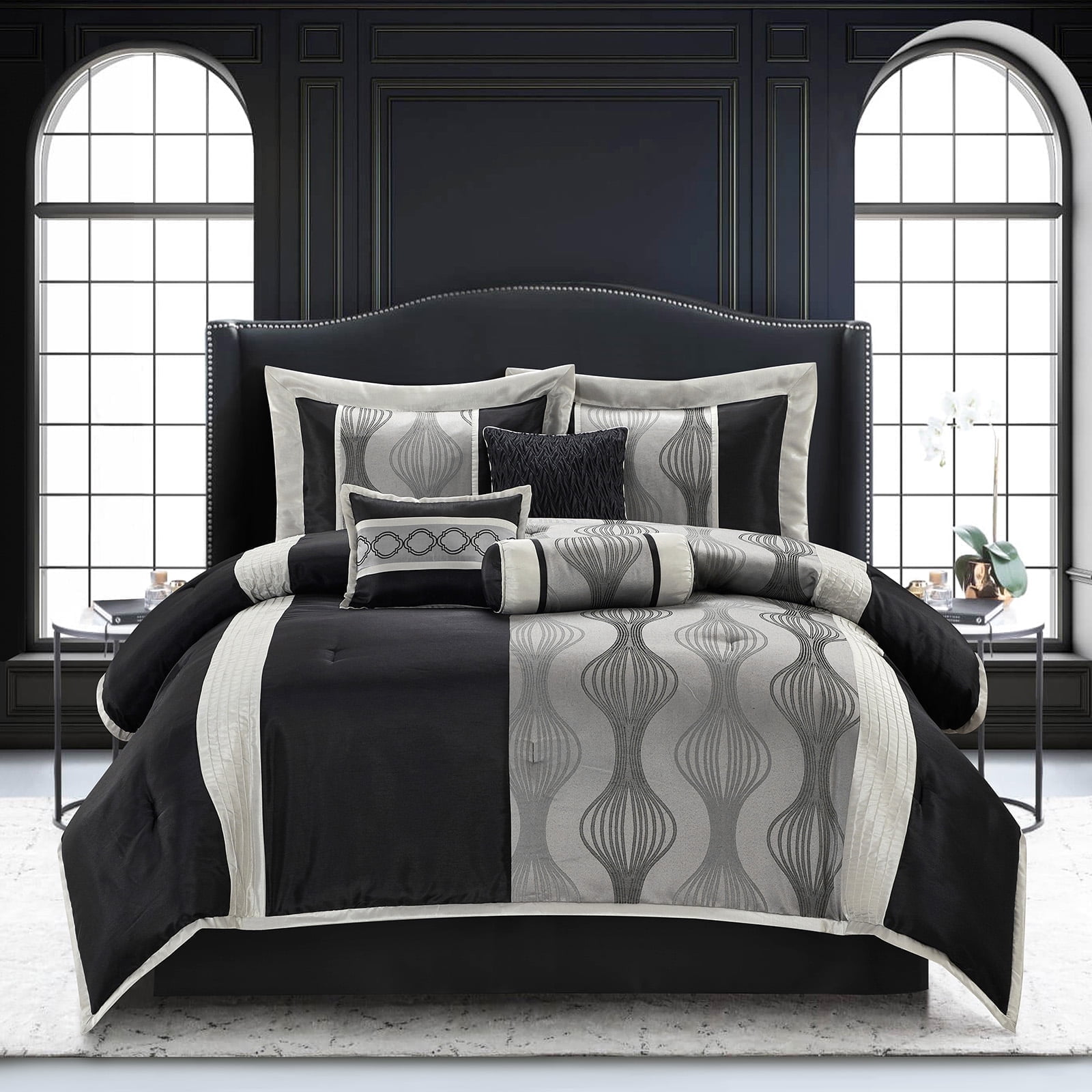 King Black and Silver 7-Piece Jacquard Comforter Set