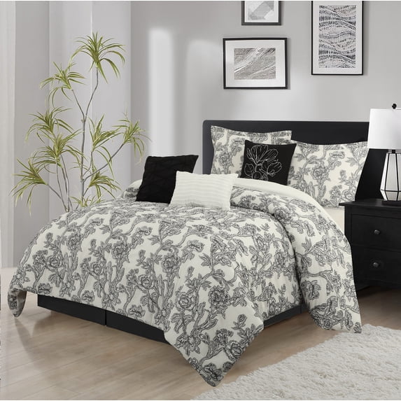 Lanco Black and White Comforter Set Queen Size , 7 Piece Clip Jacquard Floral Bedding Set , All Season Comforters