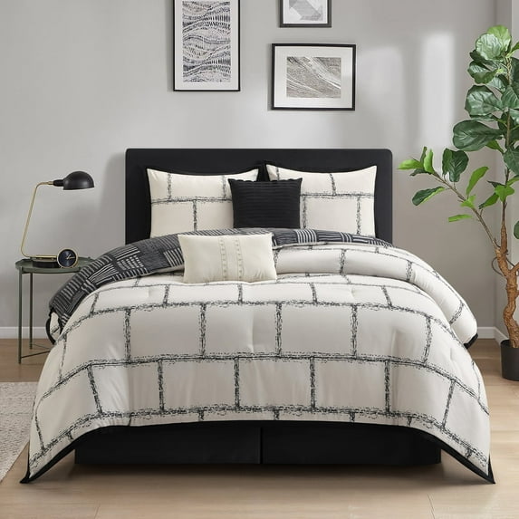 Lanco Black and White Queen Size Comforter Set , 6 Piece , Microfiber Print Geometric Bedding Set