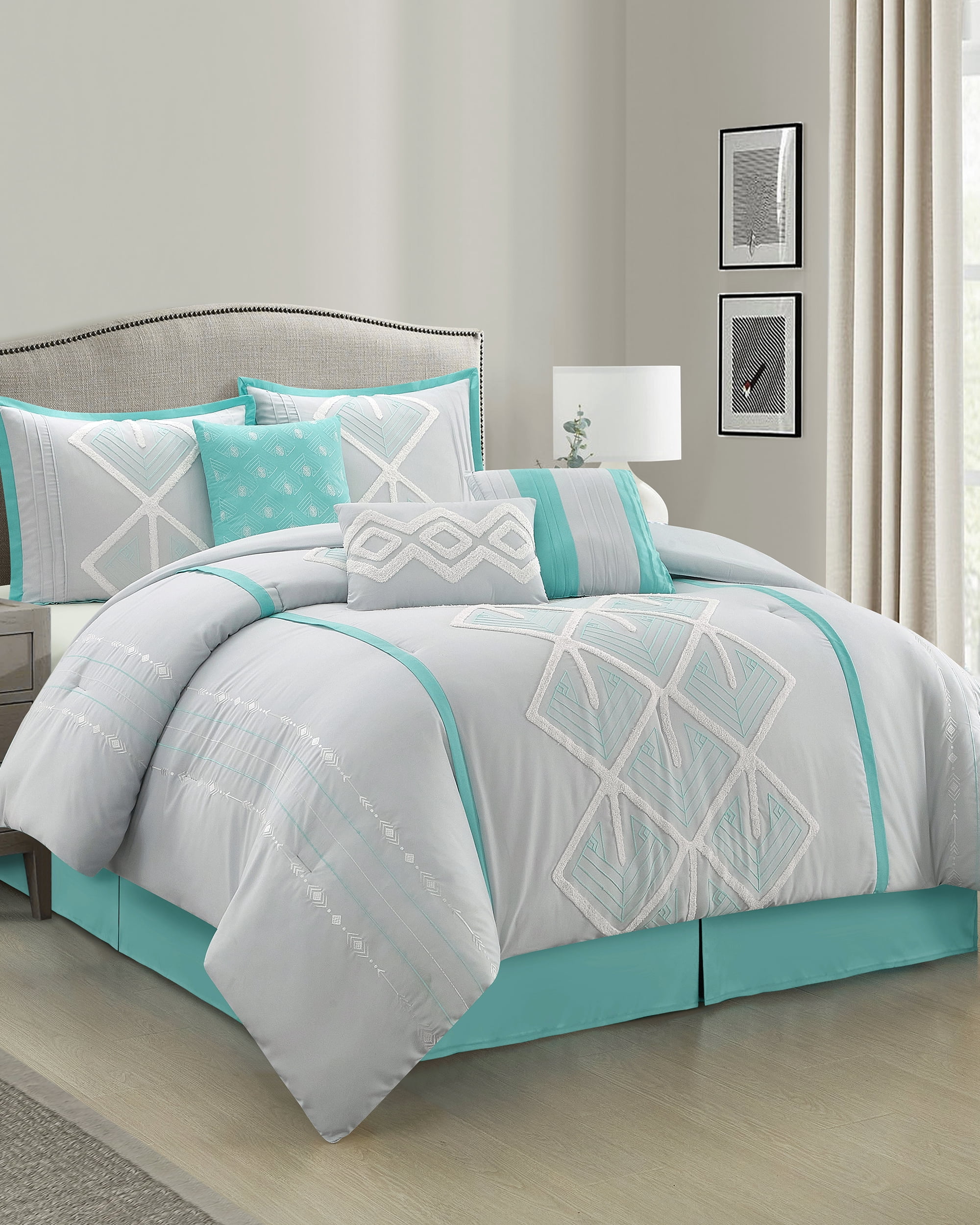 Lanco Blue Comforter Set California King Size, 7 Piece, Terry Embroidery Geometric Home Decor, Matcking Bed Skirt, Pillows & Shams, All Season Bedding Set