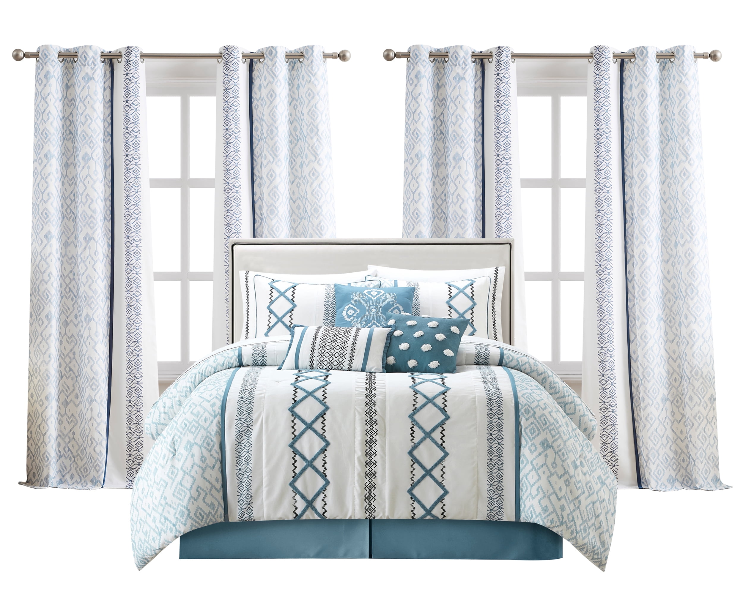 Queen Comforter Sets With Matching Curtains Lanco Blue Comforter Set Queen Size, 15 Piece Terry Embroidery All
