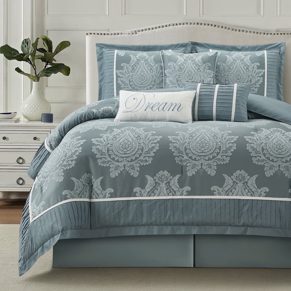 Lanco Blue Damask Patchwork King Size Comforter Set, 7 Piece, Jacquard with Matching Solid Piecework Bedding Set, All Season, Bedskirt, Pillows & Shams