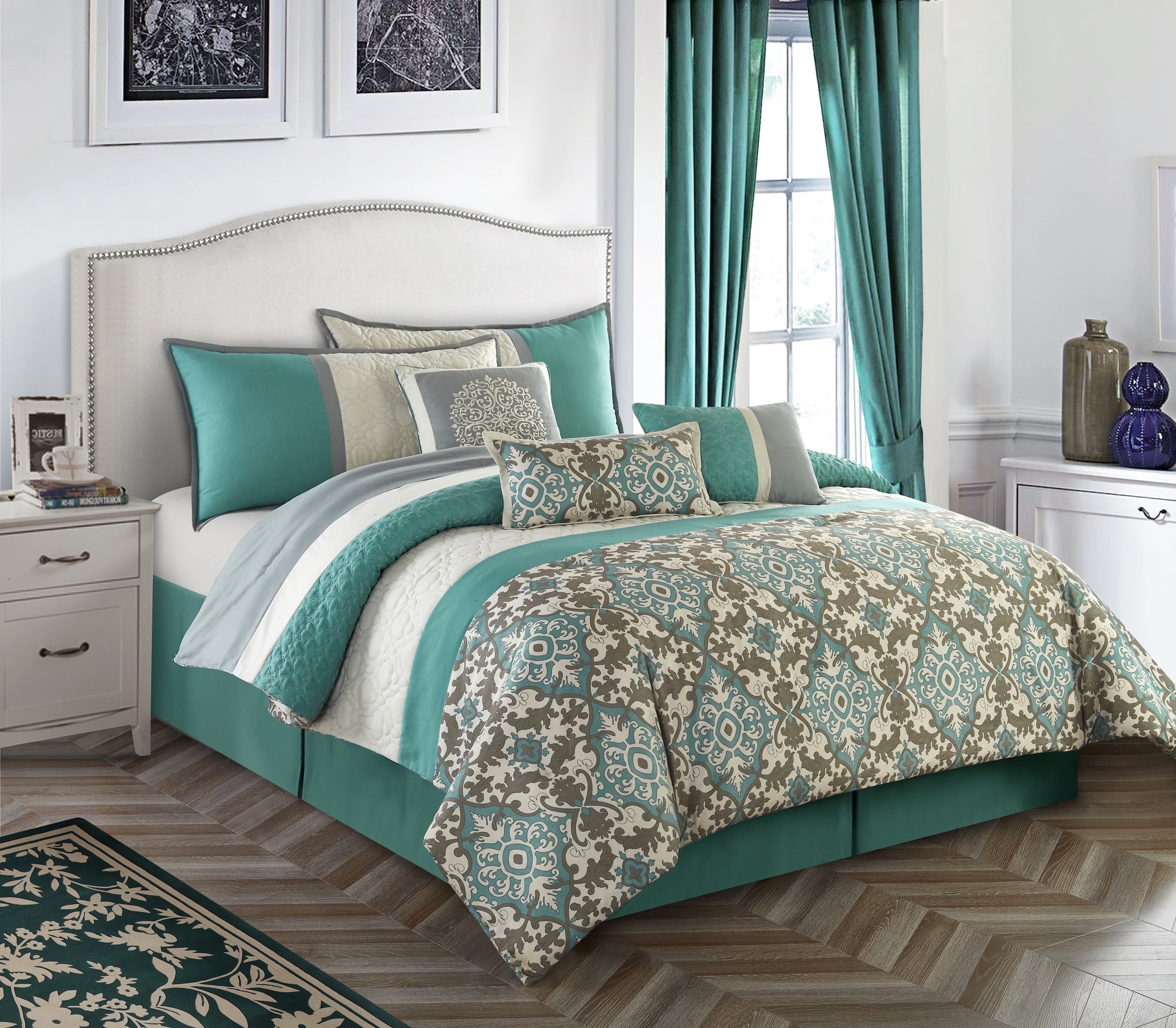 Lanco Blue Geometric Queen Size Comforter Set, Microfiber Print 7 Piece ...