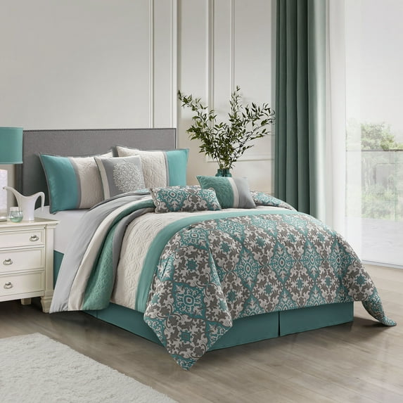 Lanco Blue Geometric Queen Size Comforter Set , Microfiber Print 7 Piece All Season Bedding Set