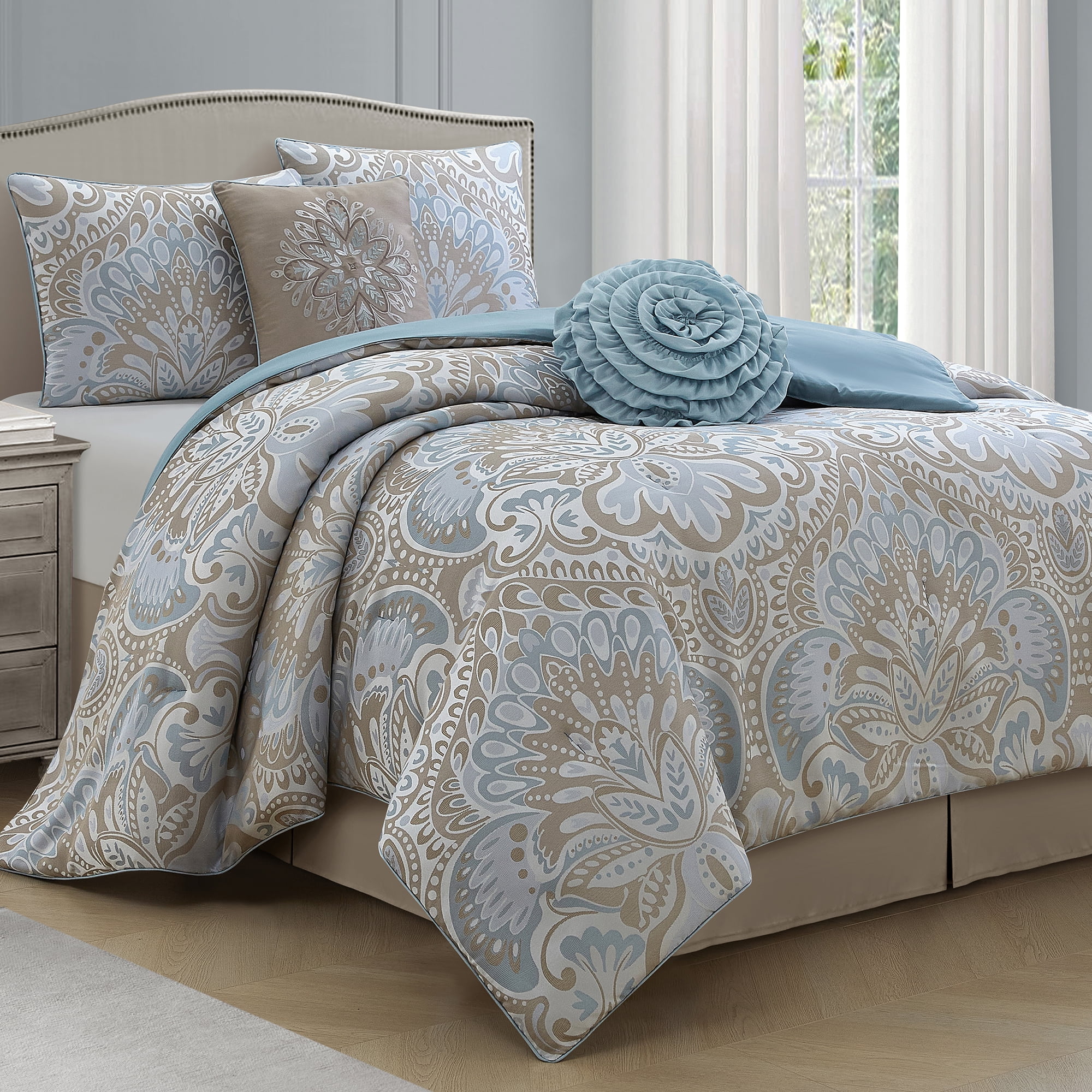 Lanco Blue Gold Queen Size Comforter Set , 6 Piece Floral Bedding Set , Pillow & Shams , Bedskirt , Soft Bedding Comforters & Sets