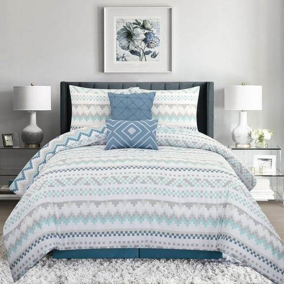 Lanco Blue King Size Comforter Set , 6 Piece , Microfiber Print Geometric Bedding Set