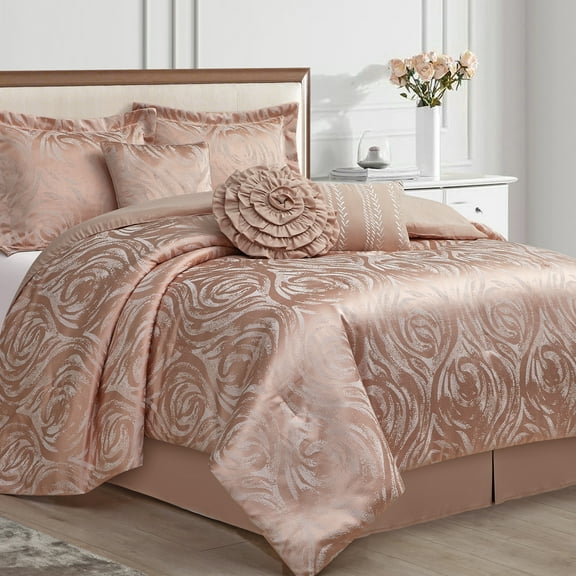 Lanco Blush Comforter Set King Size , 7 Pieces Jacquard Bedding Set , Floral Design , All Season