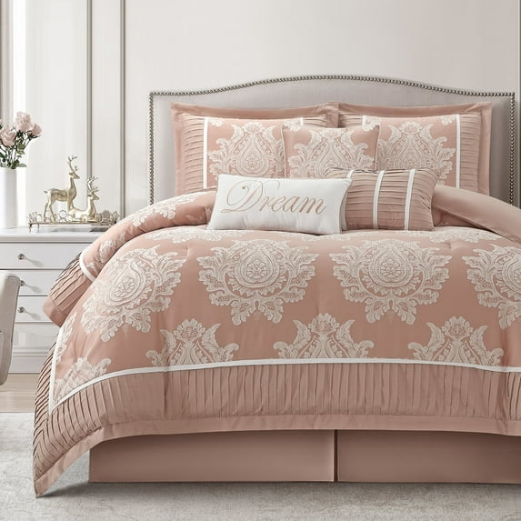 Lanco Blush Damask Patchwork King Size Comforter Set, 7 Piece, Jacquard with Matching Solid Piecework Bedding Set, All Season, Bedskirt, Pillows & Shams