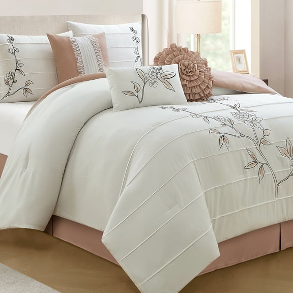 Lanco Blush Floral King Comforter Set, 7 Piece, Microfiber Pleating & Embroidery Bedding Sets & Collections