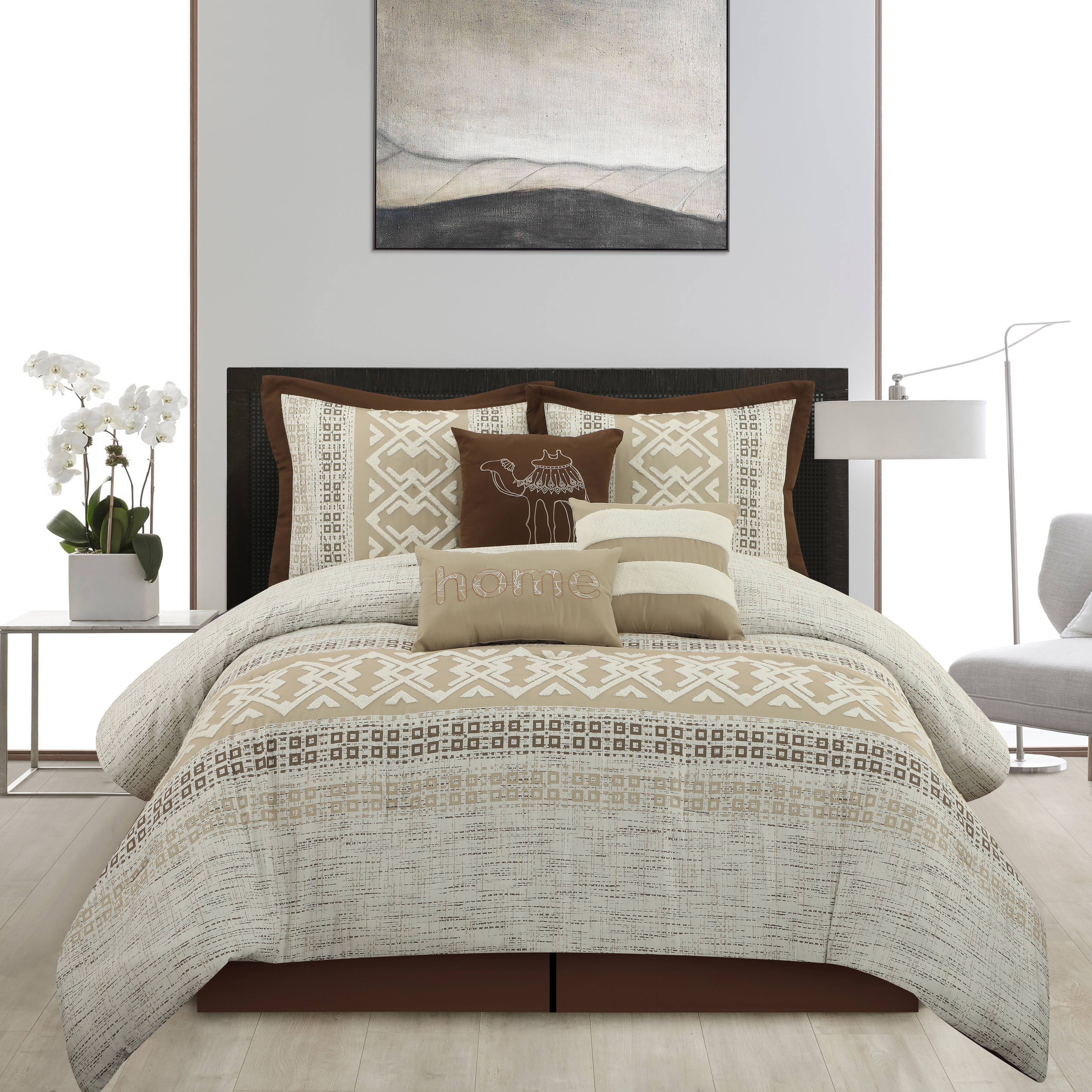 Ivory and Taupe Geometric Queen Comforter Set with Decorative Pillows