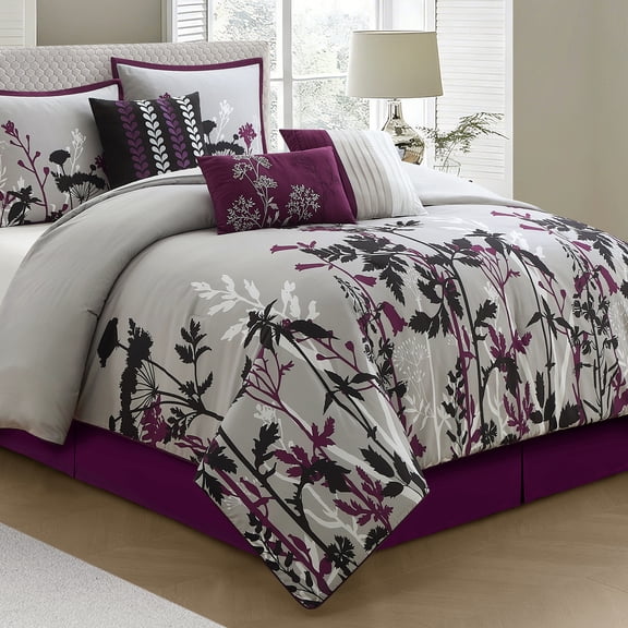 Lanco Brielle Floral 7 Piece Comforter Bedding Set, Purple, King, 100% Polyester & Fill