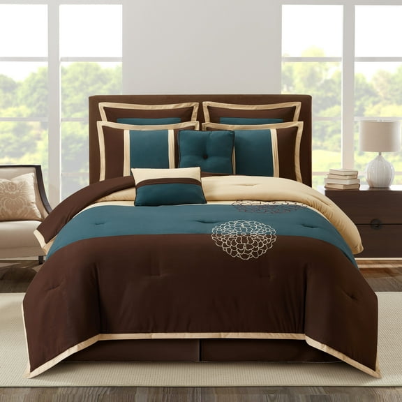 Lanco Brown/Blue Queen Size Comforter Sets, 8 Piece, All Season Premium Bedding Set, Bedskirt, Pillows & Shams, Home Decor…