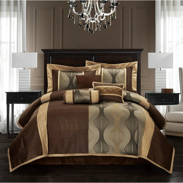 Lanco Bedroom Home Comforter Set, Brown, California King Size, 7Piece Jacquard Bedding Set