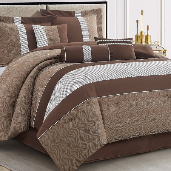 Lanco Brown Comforter Set California King Size, Jacquard with Matching Solid Microfiber Piece Work, Modern Design All Season Bedding Sets, 7 Pieces Home Décor