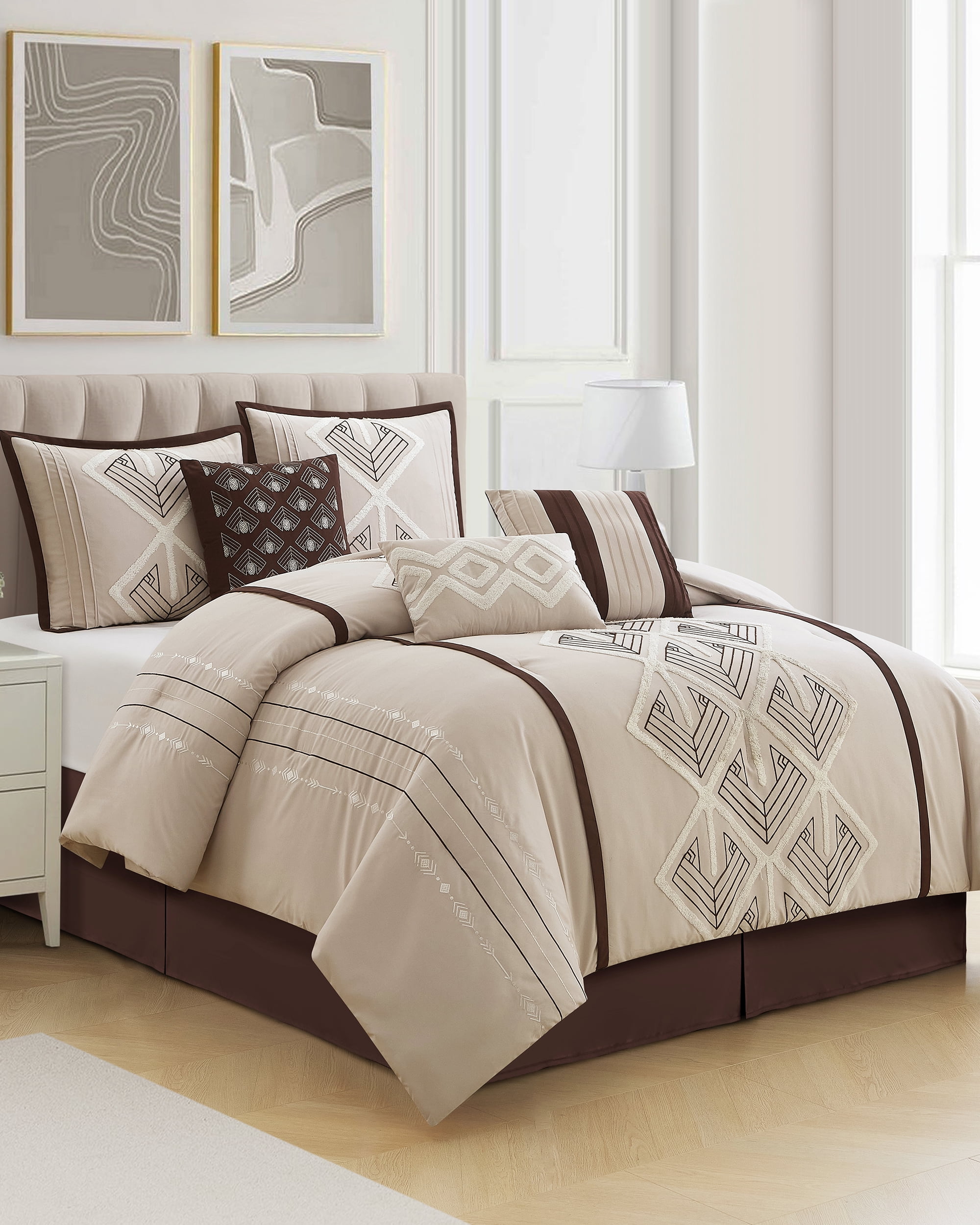 Lanco Brown Comforter Set King Size, 7 Piece, Terry Embroidery Geometric Home Decor, Matcking Bed Skirt, Pillows & Shams, All Season Bedding Set