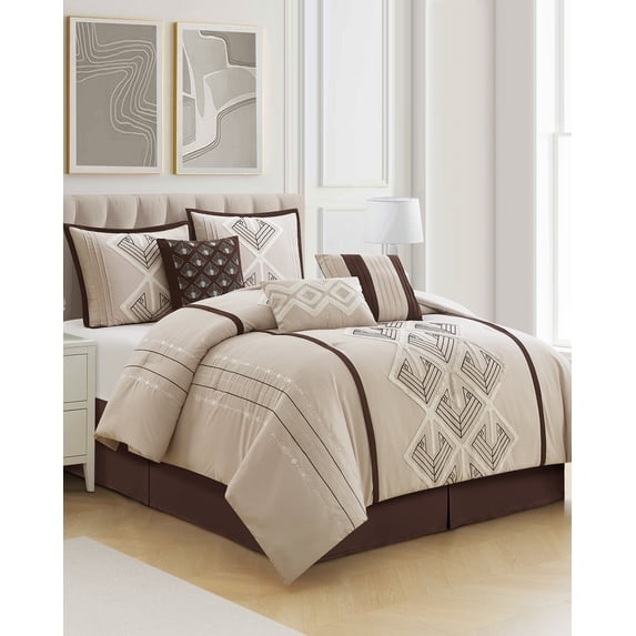 Lanco Brown Comforter Set King Size, 7 Piece, Terry Embroidery Geometric Home Decor, Matcking Bed Skirt, Pillows & Shams, All Season Bedding Set
