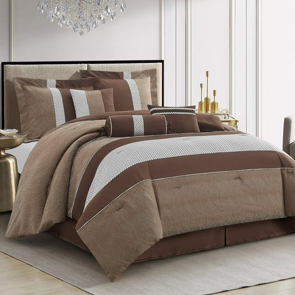 Lanco Brown Comforter Set King Size, Jacquard with Matching Solid Microfiber Piece Work, Modern Design All Season Bedding Sets, 7 Pieces Home Décor