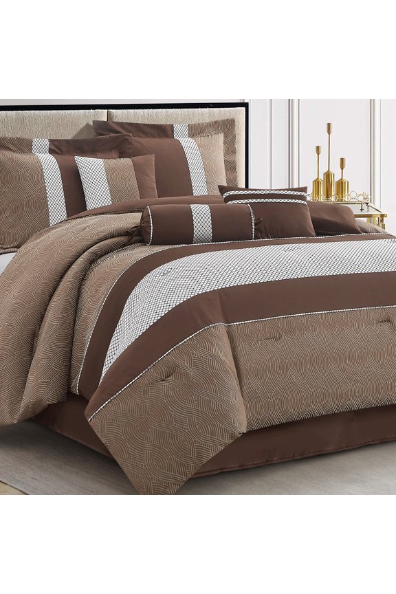 Lanco Brown Comforter Set Queen Size, Jacquard with Matching Solid Microfiber Piece Work, Modern Design All Season Bedding Sets, 7 Pieces Home Décor