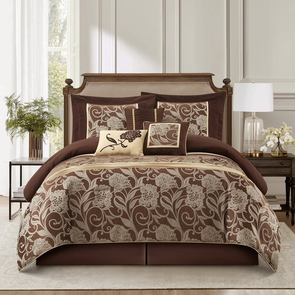 Lanco Brown Gold Comforter Set King Size, 7 Piece Jacquard Floral Bedding Set, All Season, Ultra-Soft, Matching Pillows & Shams, Bed Skirt