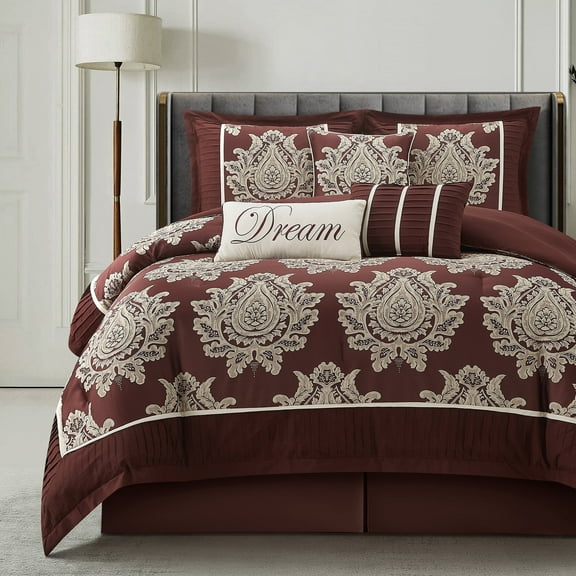 Lanco Burgundy Damask Patchwork King Size Comforter Set, 7 Piece, Jacquard with Matching Solid Piecework Bedding Set, All Season, Bedskirt, Pillows & Shams