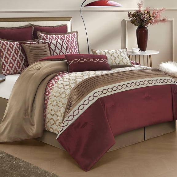 Lanco Burgundy Queen Size Comforter Set , 10 Piece Jacquard Geometric Bedding Set , Pillow & Shams , Bedskirt , Soft Bedding Comforters & Sets