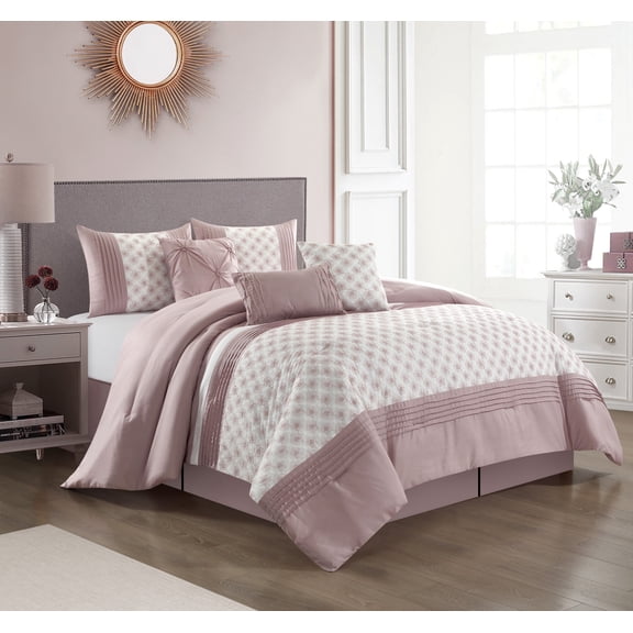 Lanco Carol Geometric 7-Piece Reversible Comforter Set, King, Blush, Fill Polyester, Floral