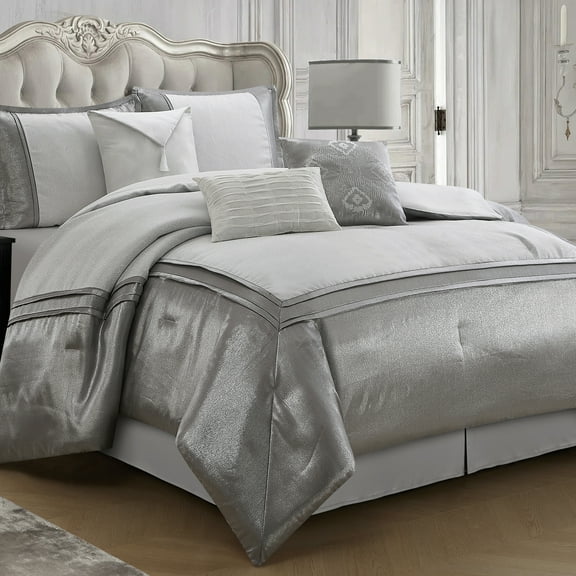 Lanco Cavalier 7 Piece Comforter Set White/Grey Silver, Bed Size Queen, Fill Polyester, Solid Color