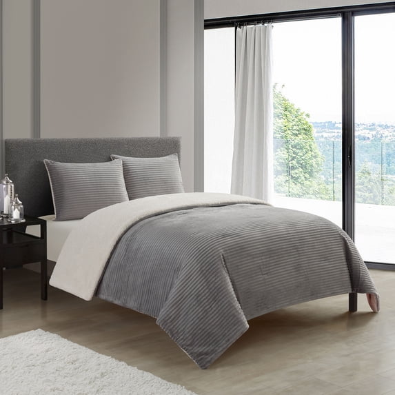 Lanco Channel 3 Piece Comforter Set with Sherpa Reverse, Bed Size: King, Flannel Brushed Quilting, Solid, Grey