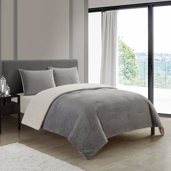 Lanco Channel 3 Piece Comforter Set with Sherpa Reverse, Bed Size: King, Flannel Brushed Quilting, Solid, Grey
