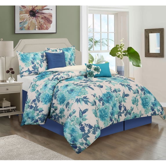 Lanco Charlotte Floral 6-Piece Comforter Set, Blue, Queen, 100% Polyester Fill
