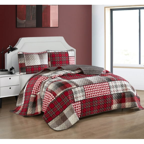 Lanco Checkered Microfiber Quilt, King - 3-Piece Set