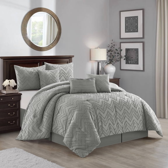 Lanco Chevron Shabby Chic 7 Piece Comforter Set Grey, Bed Size King, 100% Polyester Fill