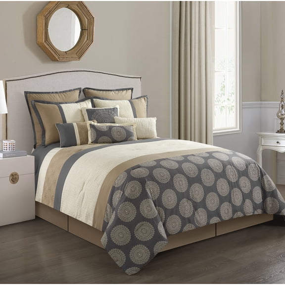 Lanco Circa Circles Damask 10-Piece Bed in a Bag Bedding Comforter Set, Gray Bed Size King, Fill Polyester, Geometric,All Season