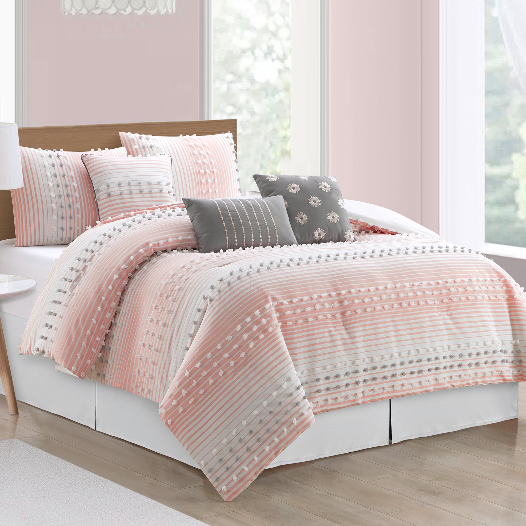 Lanco Clarity Striped 7 Piece California King Comforter Set, Pink, Fill 100% Polyester, Jaquard+Clip Bedding Comforters & Sets
