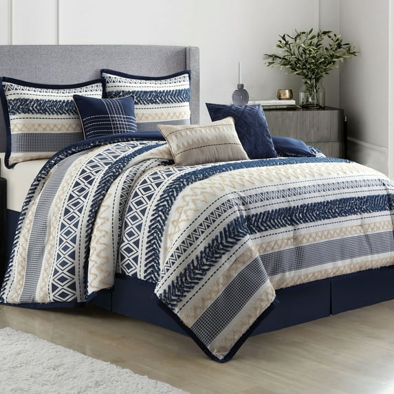 Lanco Clipped Jacquard Zig Zag 7 Piece Comforter Set , Navy, California King, Striped, Clip Geometric, 100% Polyester & Fill