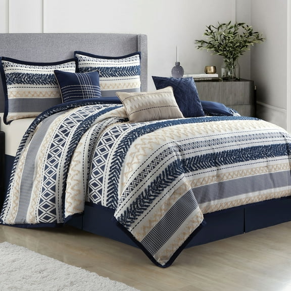 Lanco Clipped Jacquard Zig Zag 7 Piece Comforter Set , Navy, King, Clip Geometric, Striped, 100% Polyester & Fill
