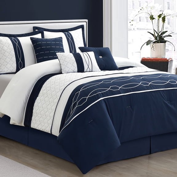 Lanco Coleen Embroidery 7-Piece Comforter Set, Navy, California King, 100% Polyester Fill