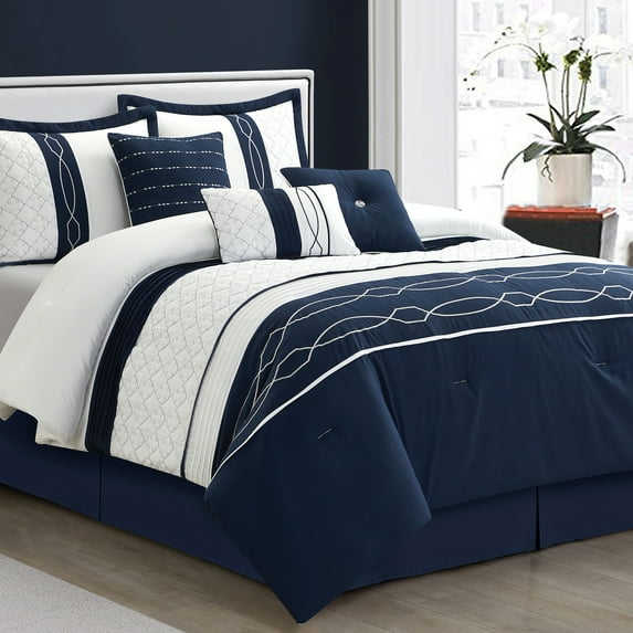 Lanco Coleen Geometric 7-Piece Comforter Set, Navy, Queen, Fill Polyester
