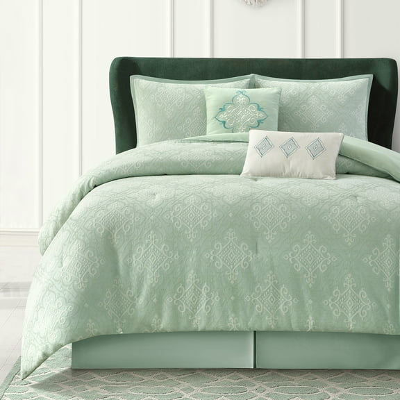 Lanco Cotton & Polyester Queen Size Comforter Set, 6 Piece, Sage Jacquard Bedding Set, Matching Bedskirt, Pillows & Shams, Ultra- Soft