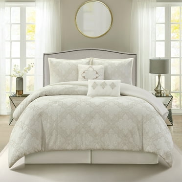 Lanco Cotton & Polyester Queen Size Comforter Set, 6 Piece, White Jacquard Bedding Set, Matching Bedskirt, Pillows & Shams, Ultra- Soft