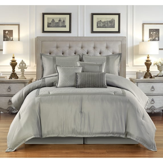 Lanco Courtney Solid 7-Piece Comforter Set, Grey, King, 100% Polyester Fill