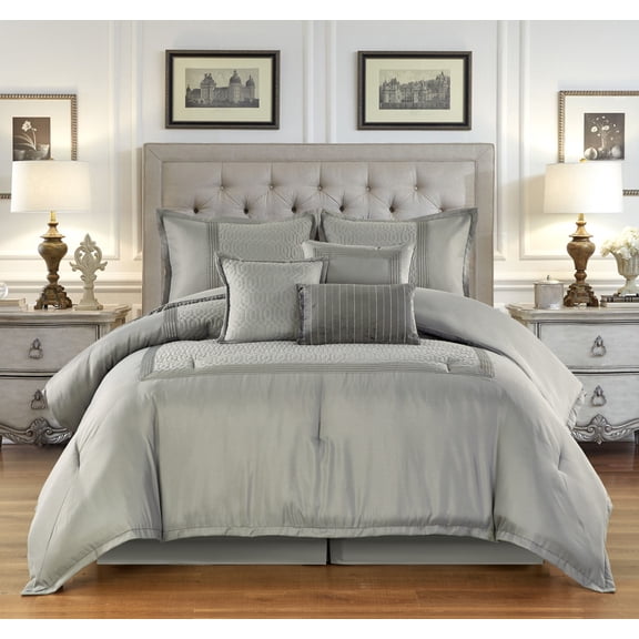 Lanco Courtney Solid Print 7-Piece Comforter Set, Grey, Queen, 100% Polyester Fill