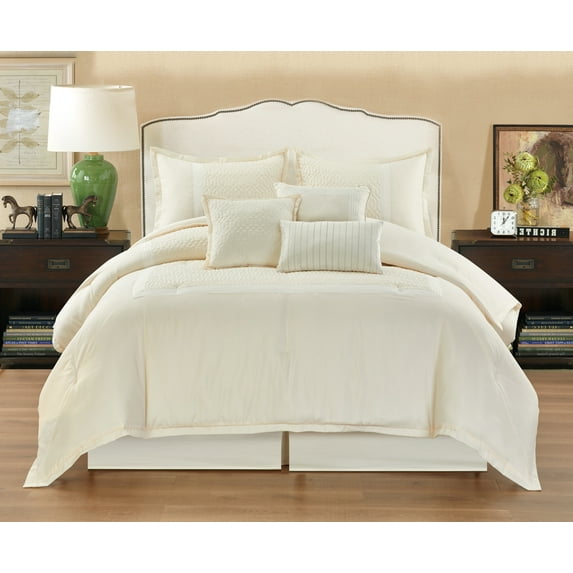 Lanco Courtney Solid Print 7-Piece Comforter Set, Ivory off White, King, 100% Polyester Fill