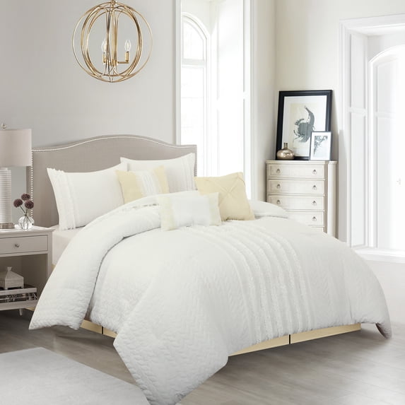 Lanco Cream Puff 7 Piece Comforter Set, White/Yellow, Size California King, Solid, 100% Polyester & Fill