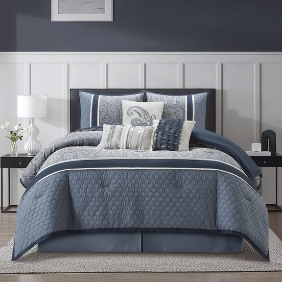 Lanco Cypress Paisley 7 Piece Queen Comforter Set, Navy, Paisley, 100% Polyester & Fill