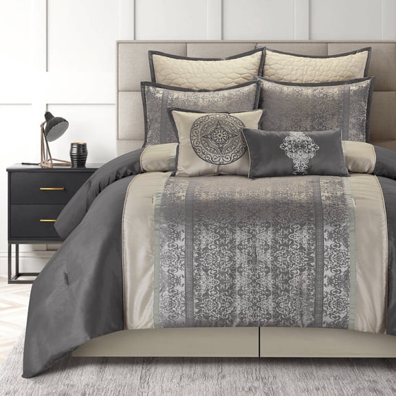 Lanco Damask 8 Piece Comforter Set, Silver/Ivory, California King, Fill Polyester, Patchwork